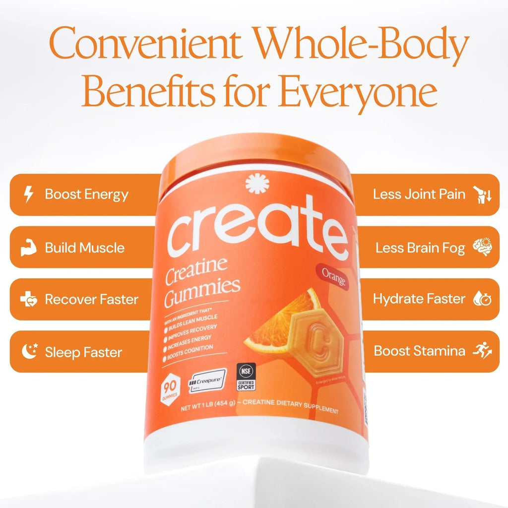 Create Creatine Monohydrate Gummies 1.5g Vegan Focus Strength 90ct Orange