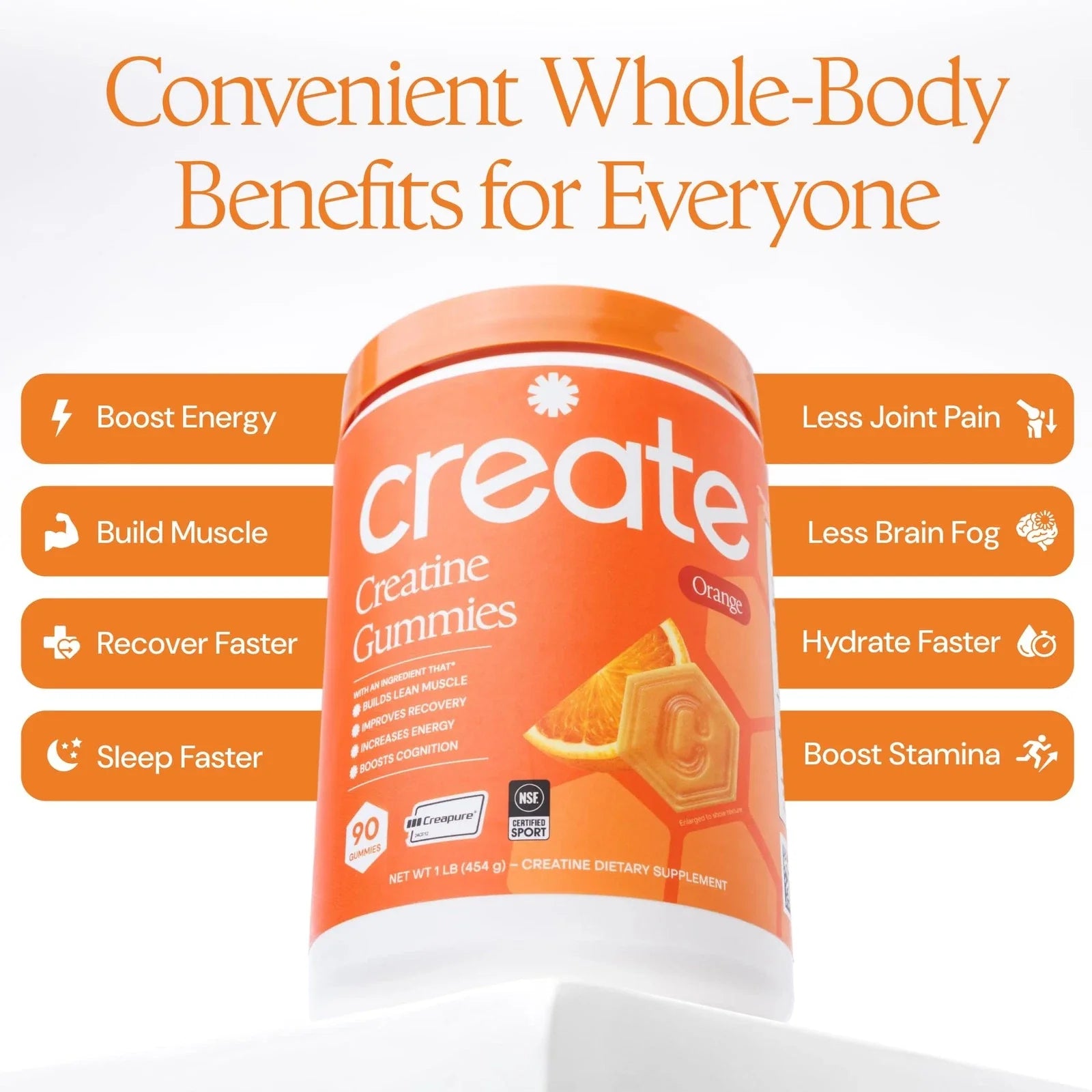 Create Creatine Monohydrate Gummies 1.5g Vegan Focus Strength 90ct Orange
